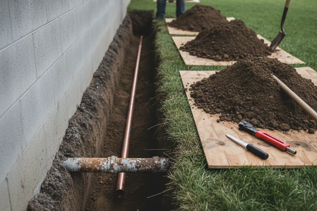 Excavated water line trench during Water Heater Repair in Cayuga